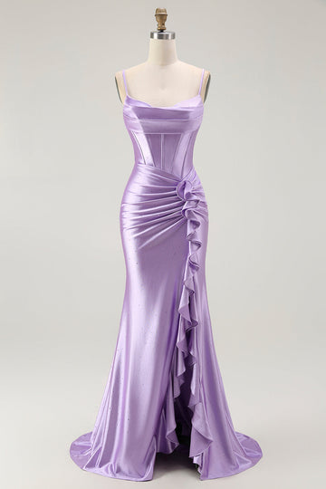 Sparkly Purple Mermaid Corset Ruched Long Formal Dress with Ruffled Slit